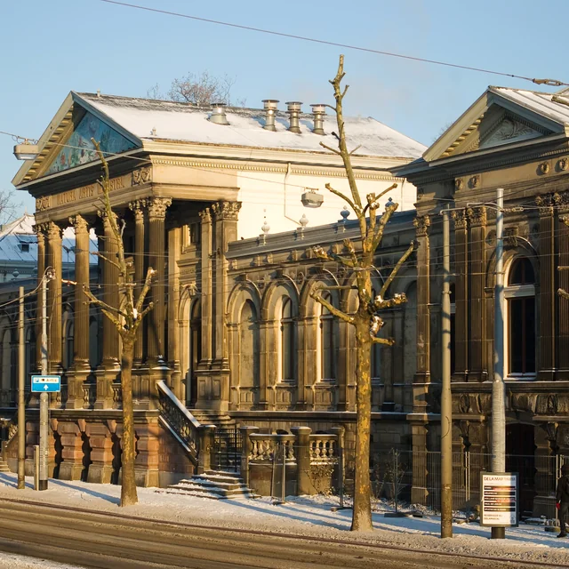 The magnificent 1882 neoclassical facade of the historic ARTIS Aquarium building on the zoo grounds
